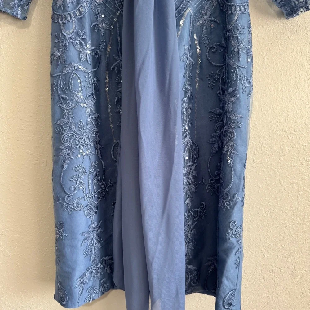 NWT JJ's House Jostelle Slate Blue Sequin Sheath Dress Cowl Neck Back Sash 12